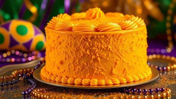 Golden festive cake at Universal Mardi Gras celebration with beads.