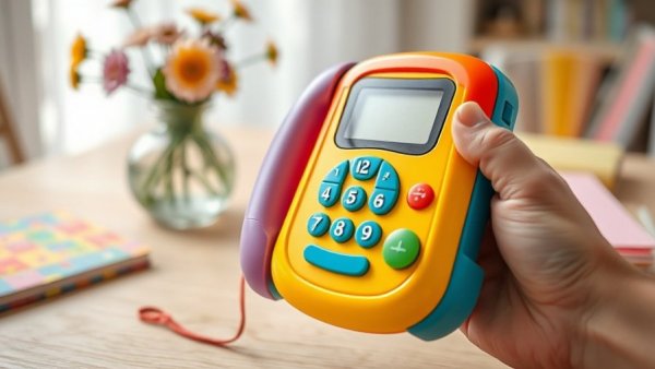 Colorful Bluey phone toy held over a wooden table.