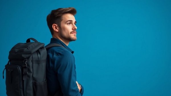 Lightweight travel backpack with pensive man