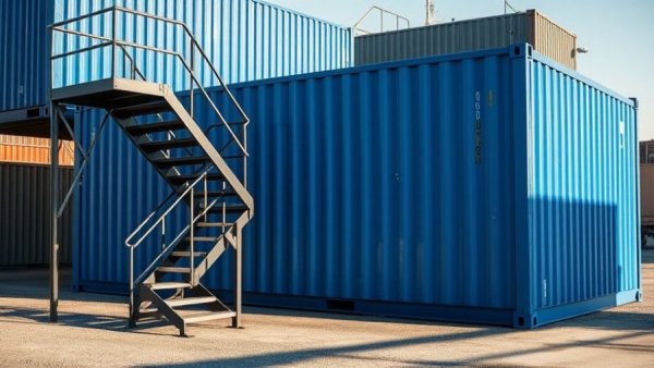 Exterior view of a containerized facility with a metal staircase in sunlight.