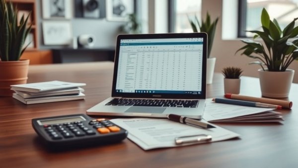 Accounts payable audit setup with laptop, documents, and calculator.