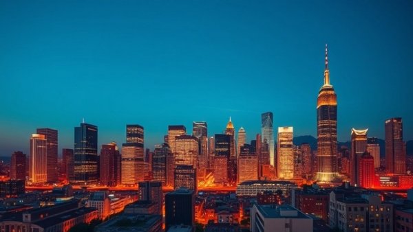 Colorful skyline photo at dusk showcasing city's vibrant architecture.