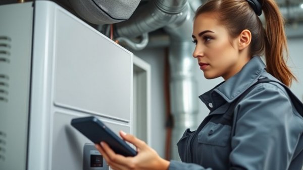 HVAC technician diagnosing heating system in utility room