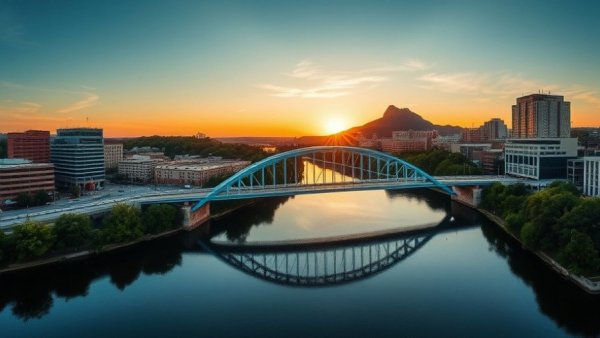 Chattanooga National Park City view with bridge and river at sunset.