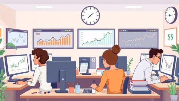 Cartoon office scene illustrating payroll processing fees with employees and charts.