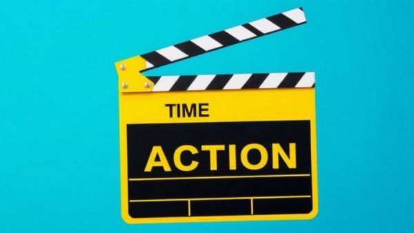 Motivational film clapperboard titled 'Time for Action' on blue.