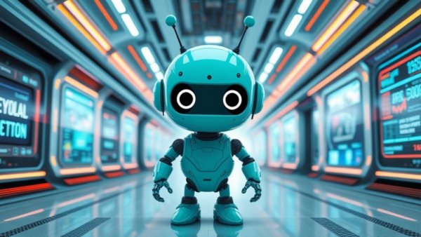 Teal cartoon robot in a technological setting, related to Snapdragon Wear Elite chip.