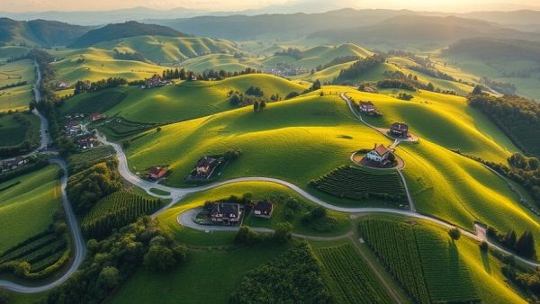 Aerial view of Croatian family wineries in lush green landscape.