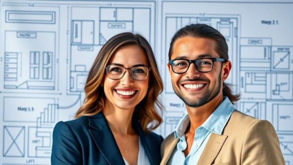 Professional duo against blueprint, Blueprint to Success in Real Estate.