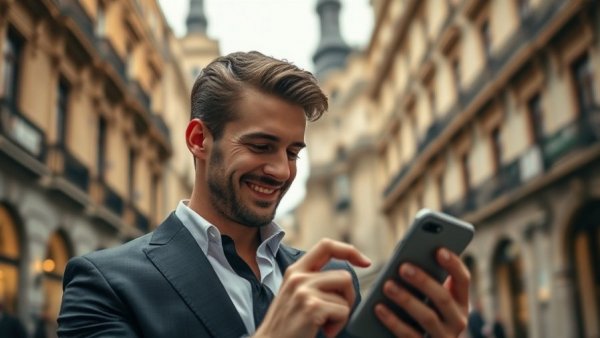 Well-dressed man with phone beside car on city street.