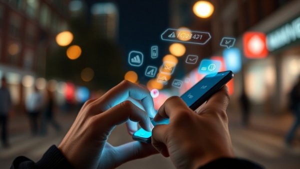 Engaging with social media on smartphone, digital icons floating.