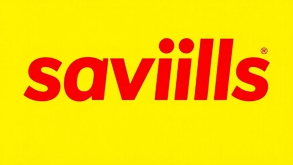 Bold savills logo on bright yellow background related to prime property markets.