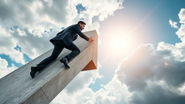 Businessman climbing an arrow structure symbolizing business plan importance for startups.