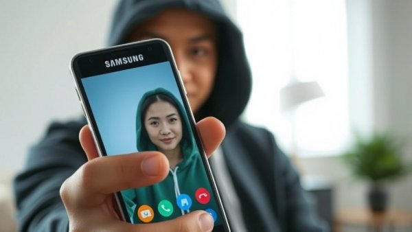 Samsung phone with video call displaying user, highlighting photography consistency.