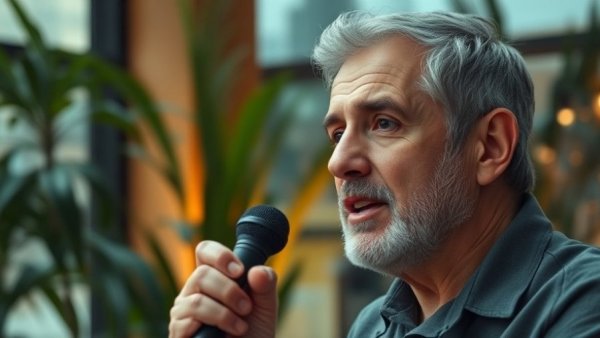 Middle-aged man discussing Roseto Effect Longevity in a warm, plant-filled room.