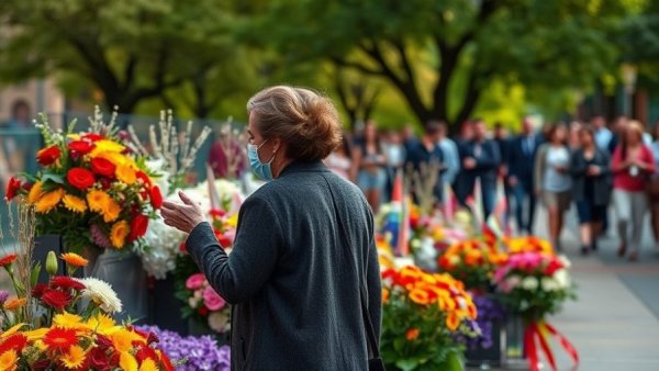 Individuals at memorial site related to Florida State University shooting lawsuit.