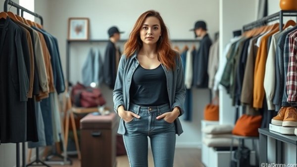 Confident woman in fashion setting contemplating selling options.