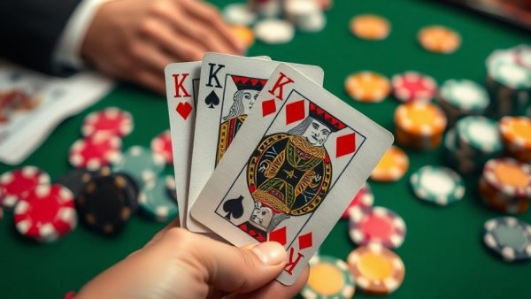Player's hand reveals kings on WSOP table, colorful chips scattered.