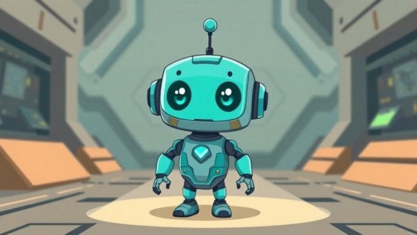 Cheerful turquoise robot in futuristic setting