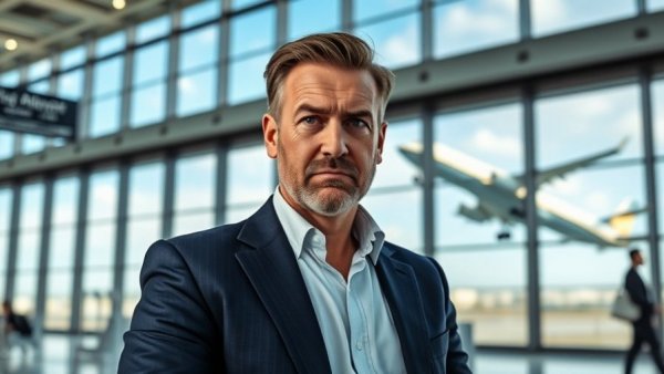 Confident man in airport with skeptical expression, travel tips theme.