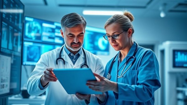 Healthcare professionals collaborating on data sharing in modern lab.