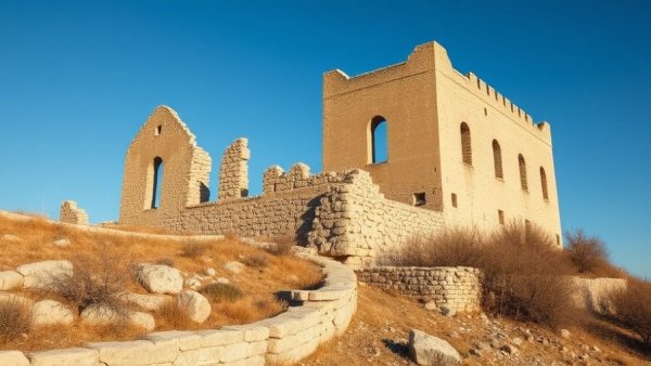 Zerzevan Castle ancient stone ruins under blue sky.