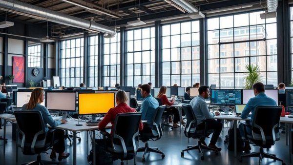 Modern tech office with employees using computers, Slack CRM.