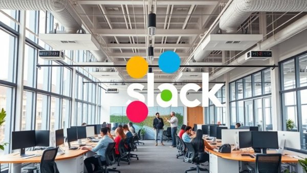 Modern office with Slack logo illustrating CRM integration for productivity.
