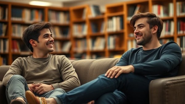 Two men sitting in a cozy library, discussing no-code mobile app development.
