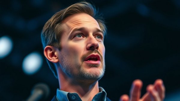 Professional speaker discussing on stage, blue shirt, microphone.