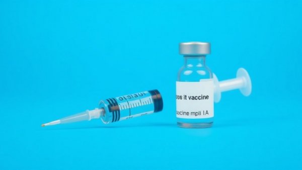 Bacterial meningitis vaccination syringe and vial on blue background.
