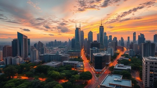 City skyline at sunset highlighting 'cities that pay you to move'.