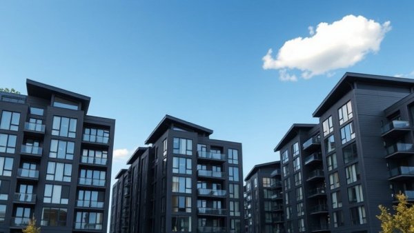 Modern multifamily residential buildings under a clear blue sky.