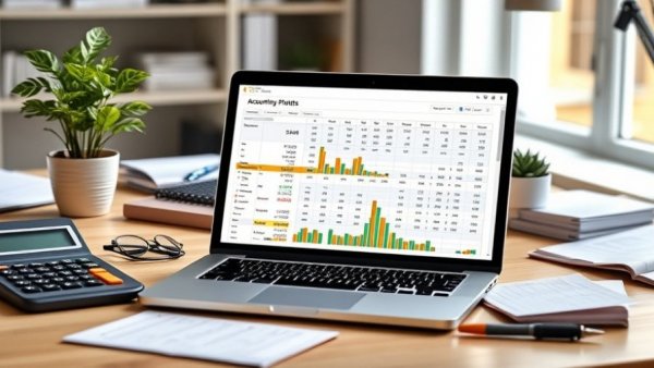 Illustrative design of a laptop with an accounting spreadsheet displayed, surrounded by office supplies and a potted plant, ideal for 'Create a Small Business Accounting Spreadsheet' concept.