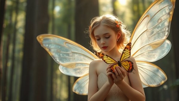 Ethereal fairy with butterfly in forest, fairy coloring pages.