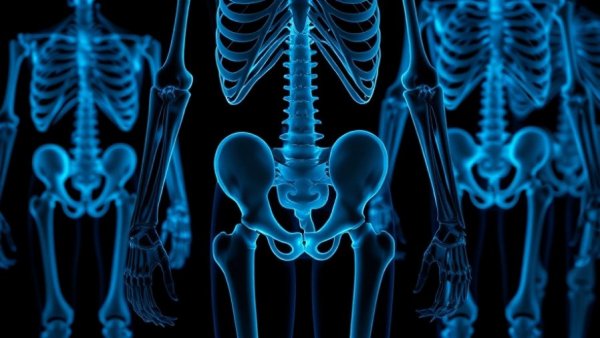 Anatomical illustration highlighting intestines in human skeletons, x-ray style.