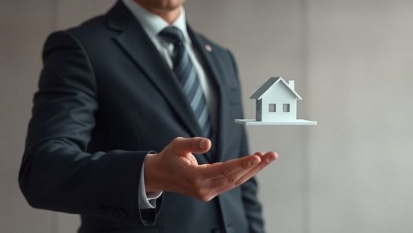 Businessman with floating house icons representing luxury real estate demand.