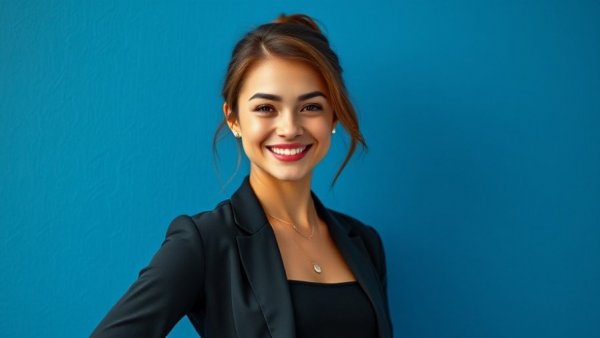 Confident young woman smiling in black outfit against blue backdrop.