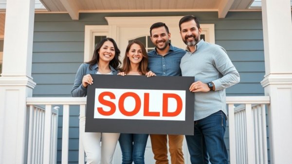 Happy family holding a sold sign on porch, celebrating home sale.