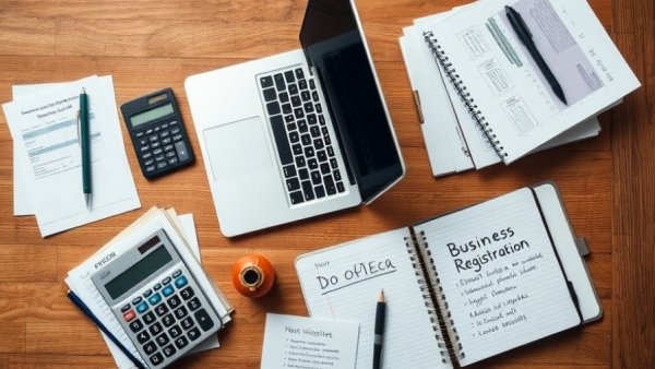 Texas Business Registration Requirements workspace with laptop and documents.