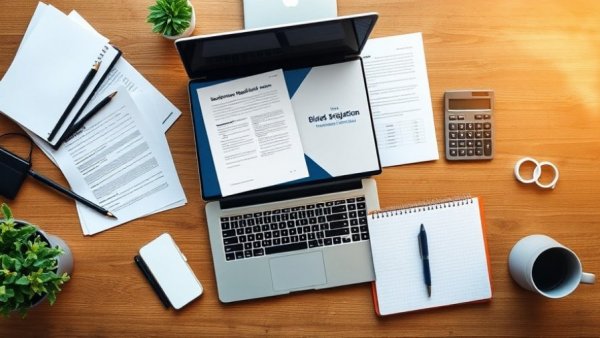 Workspace with laptop displaying forms, calculator, and business registration notes for Texas.