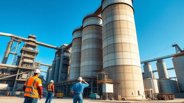 Hybrid Cement Production at an industrial plant with kilns and workers.