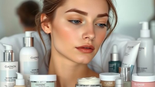 Young woman practicing neck care routine surrounded by skincare products.