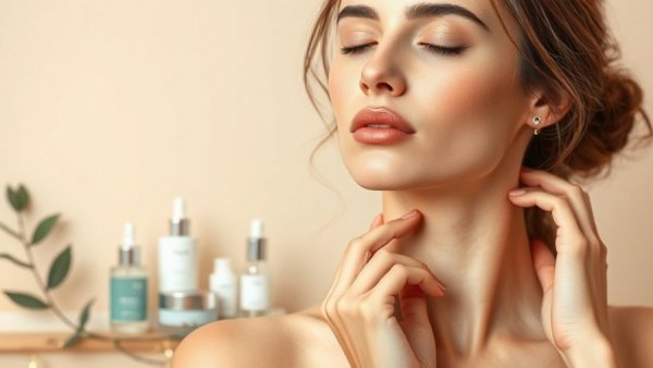 Neck care routine with skincare products and serene woman.
