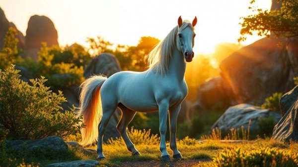 Majestic unicorn in sunlit rocky landscape; unicorn coloring pages for adults.