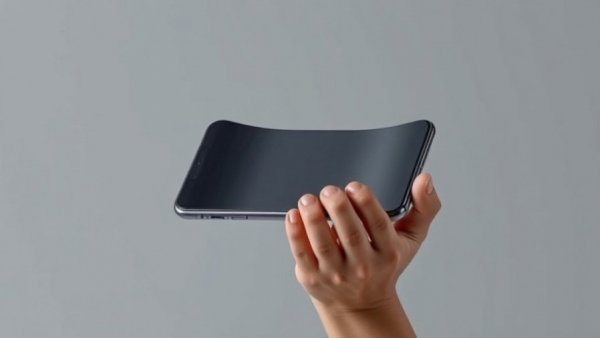 Unreleased rollable smartphone in expansion mode held by hands.