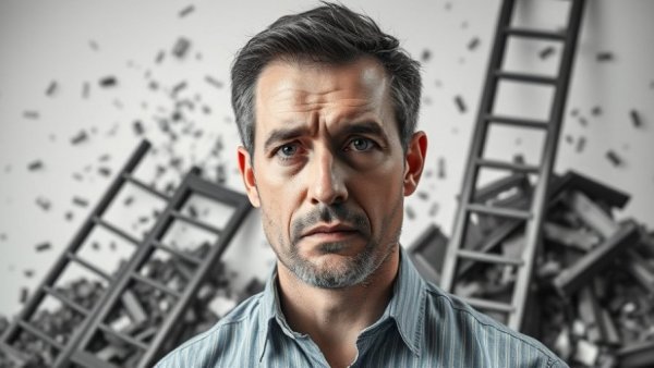 Impact of AI on job market depicted by man and broken ladder.