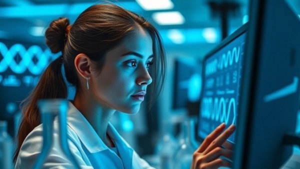 Young female scientist analyzing DNA data on screens in a lab, highlighting technical debt in healthcare.