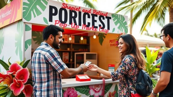 Colorful pop-up marketing booth with customer interaction outdoors