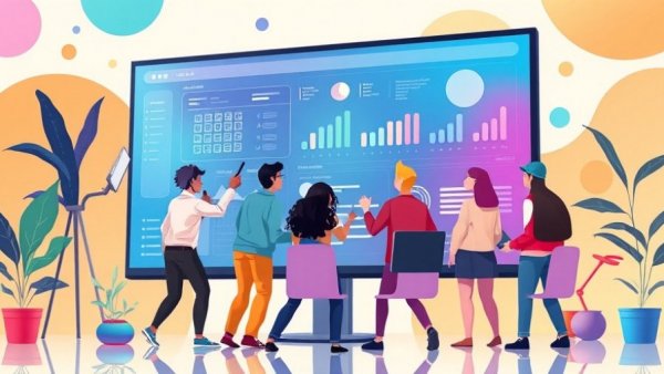 Team of designers collaborating on digital interface in vibrant workspace.